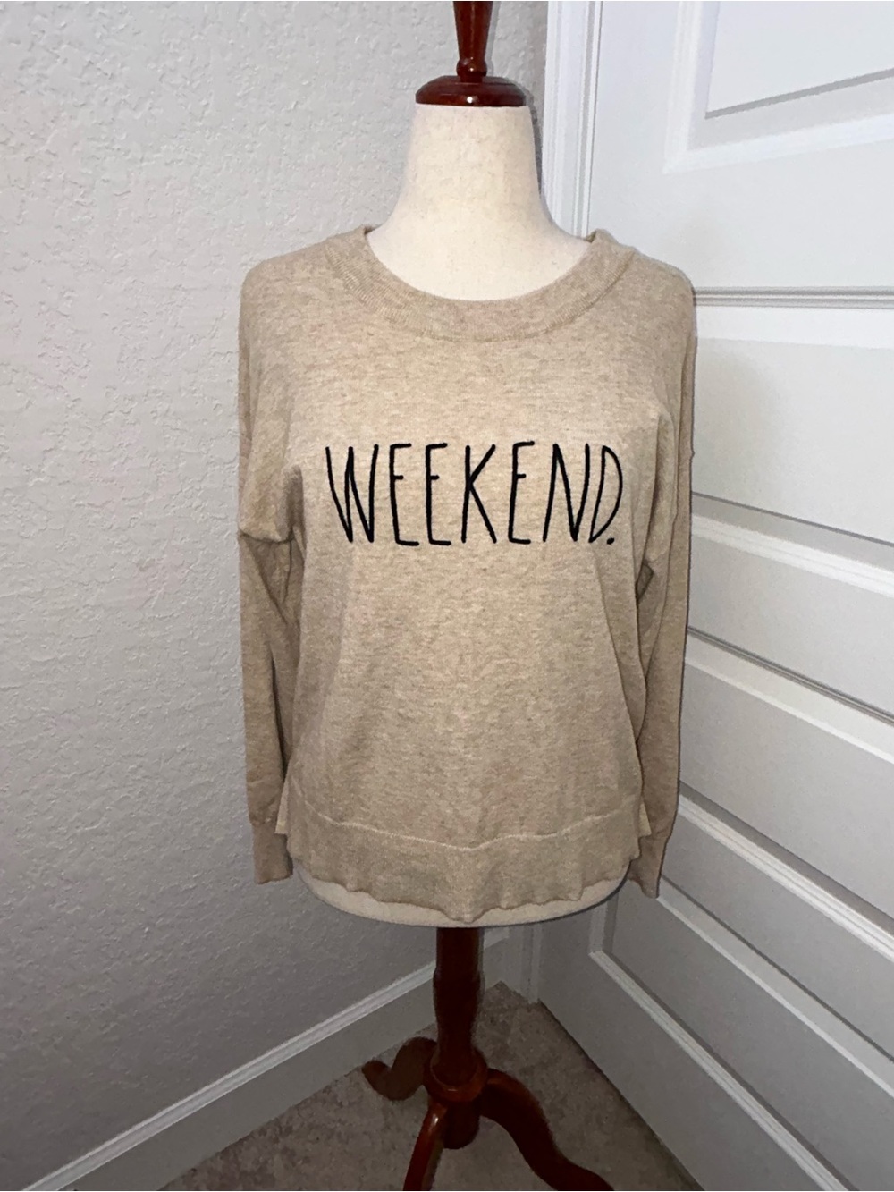Rae Dunn Weekend. Embroidered Graphic Print Long Sleeve Crewneck Sweater